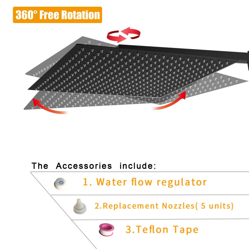 BESy 16 Inch Rain Shower Head, 16" Square Rainfall & High Pressure Stainless Steel Bath Showerhead, 1/16" Ultra Thin, Waterfall Full Body Coverage with Silicone Nozzle, Matte Black Finish - Image 2